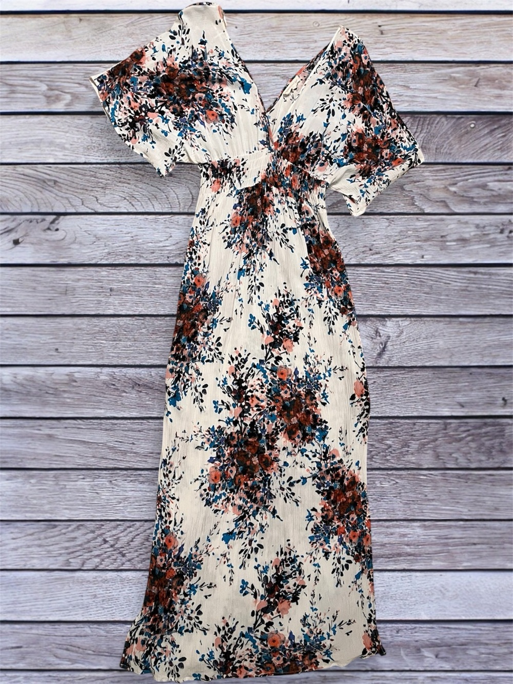 lovestitch white Floral Cottagecore Maxi Dress with Rust and blue Accents m / L